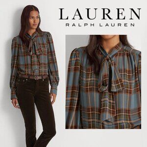 Lauren Ralph Lauren Plaid Tie Neck Blouse Button Front Long Sleeve NWT $145 Sz M
